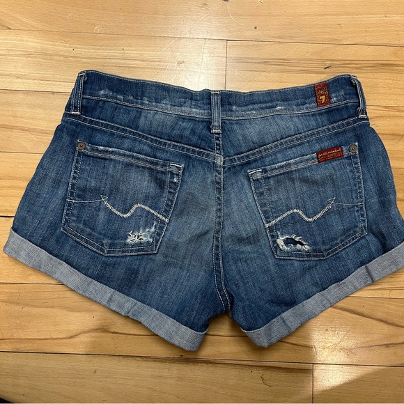 7 For All Mankind Mid Rise Denim Shorts Rolled Hem Distressed 25 (fits like 26) - Picture 3 of 6